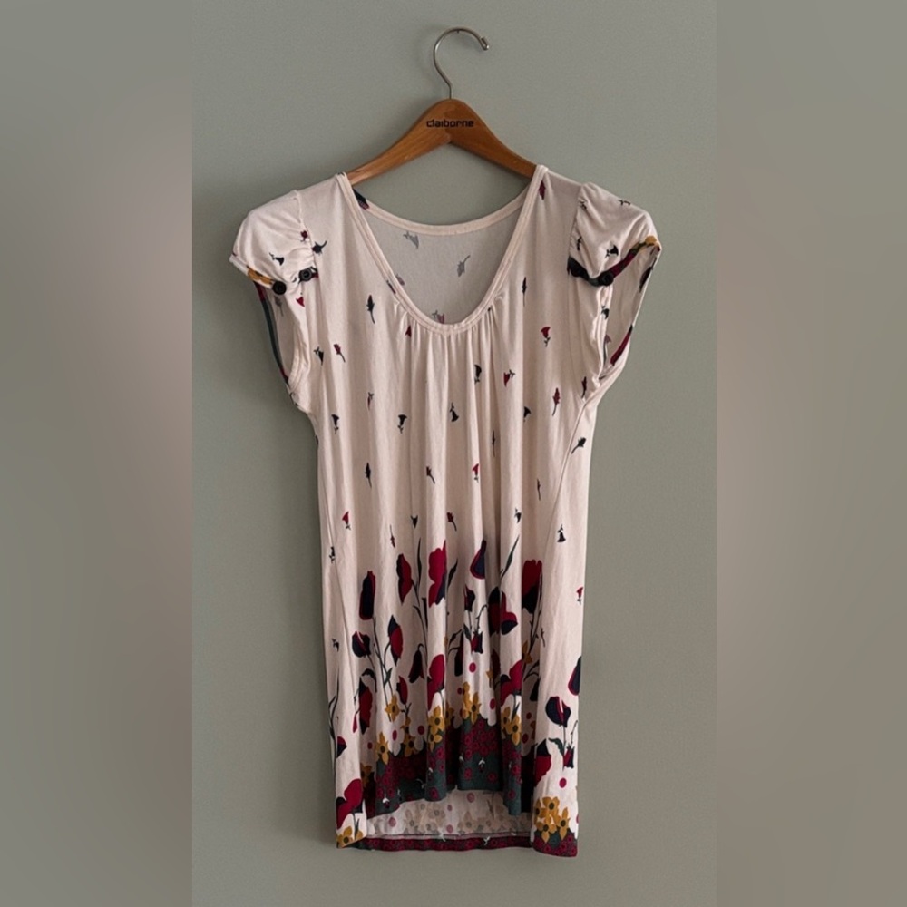 White Red Poppy Floral Print Cap Sleeve Flowy Mini Dress Women’s Size M Medium